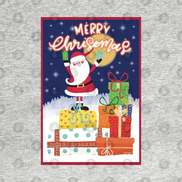 Merry Christmas! Happy Santa standing on a pile of gifts in the snow. Greeting card. by marina63